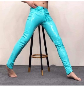 Men's turquoise lavender jazz dance pants for youth singers host gogo dancers shiny stretch soft pu leather long trousers nightclub performance clothes for man